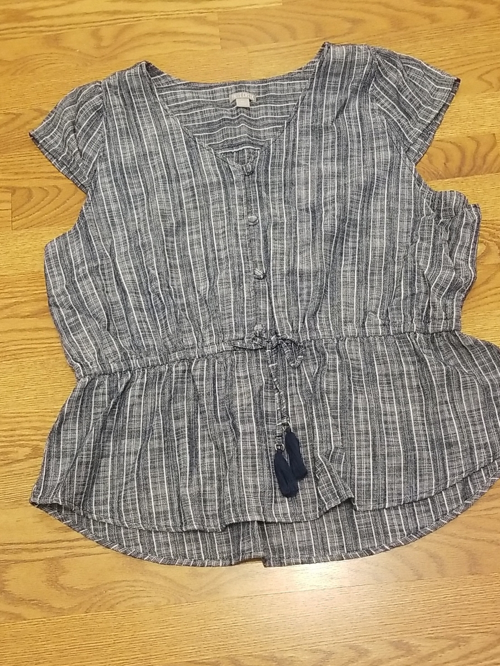 Falls Creek Navy and White Striped Tie-Waist Cap Sleeve Top